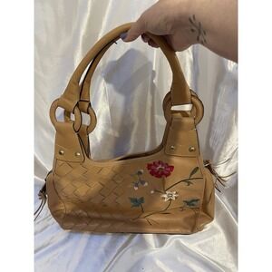 LUANA Italy Beige Woven Leather Floral Embroidered shoulder Bag